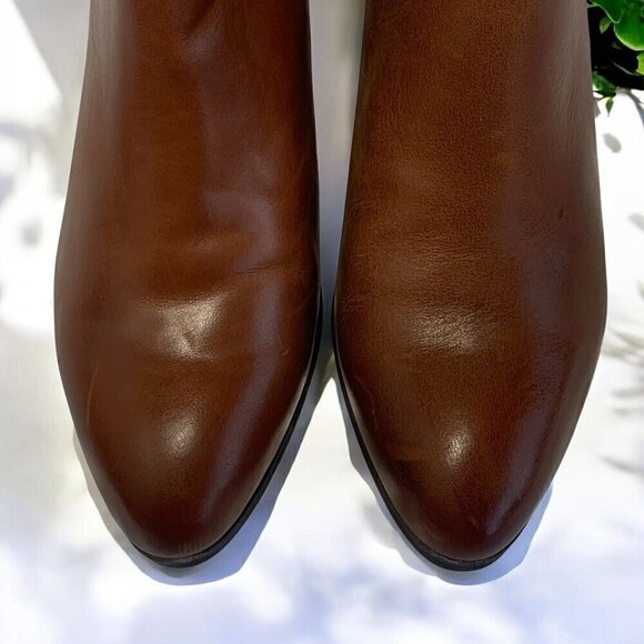 FRYE Megan Ankle Booties Cognac Leather 9M With Stacked Heel & Side Zip Closure - Picture 11 of 13